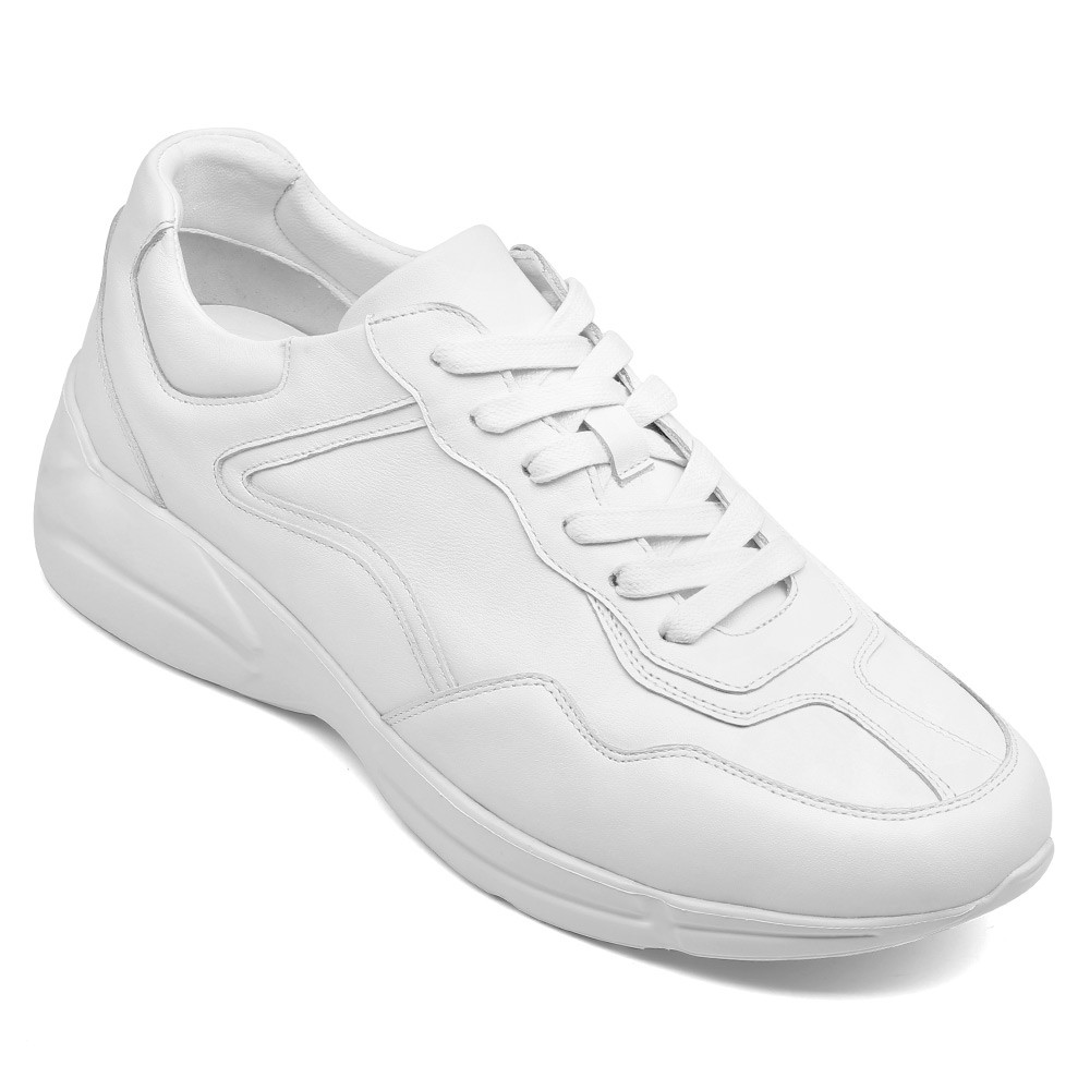 STRIDE Height Increasing Elevator Trainers - White Leather Casual Sneakers For Men 6CM / 2.36 Inches