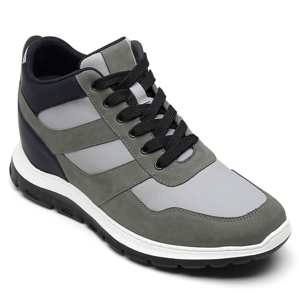 STRIDE Elevator Shoes For Men - Height Increasing Sneakers - Gray Nubuck High Top Sneakers 9cm / 3.54 Inches