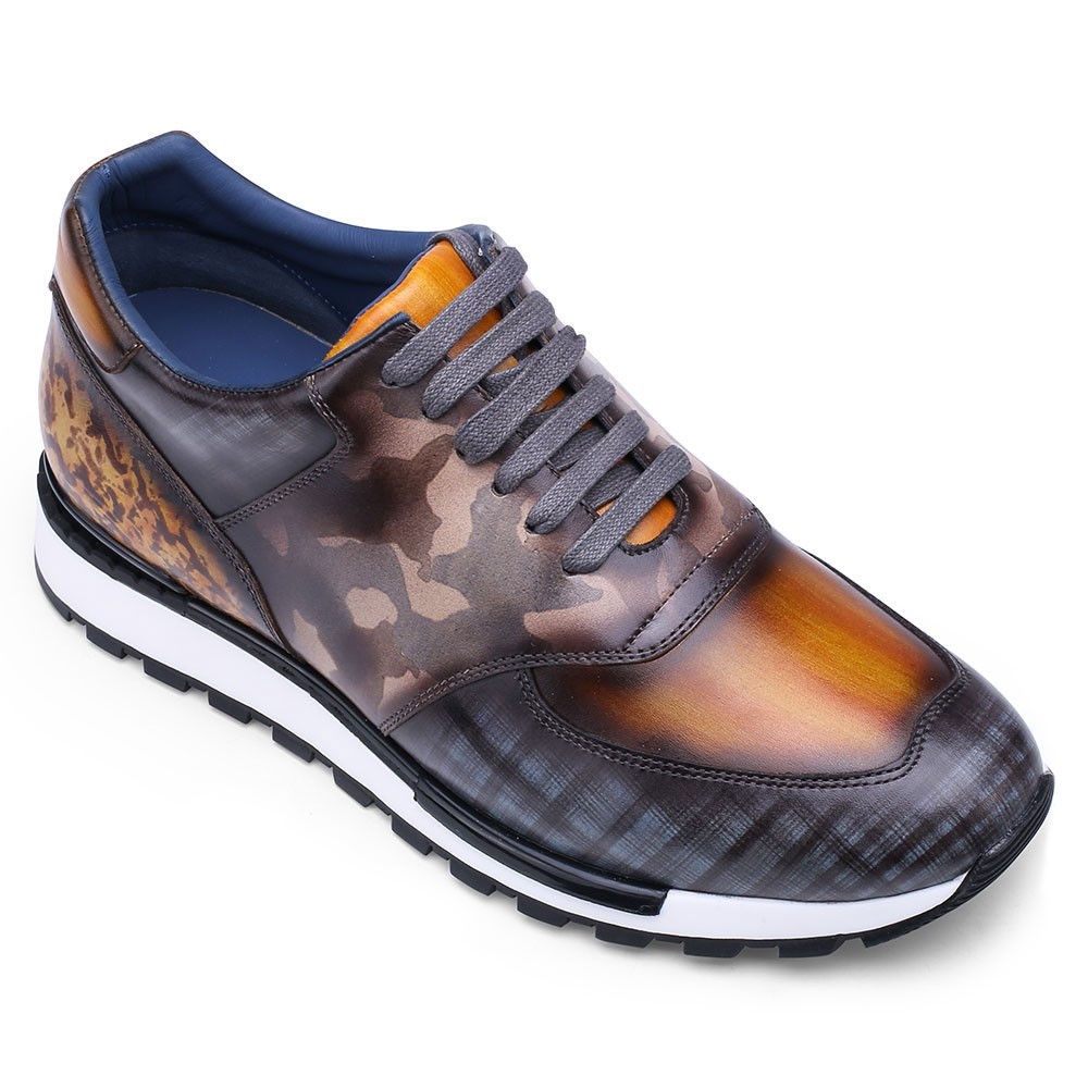 STRIDE Casual Tall Men Shoes - Hand Patina Elevator Sneaker - Multi-Colored Patina Leather Trainers 7CM /2.76 Inches