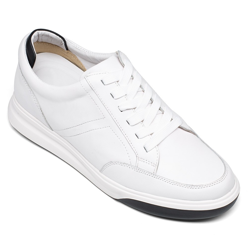 STRIDE Elevator Sneakers For Men - White Leather Hidden Heel Shoes - Sneaker To Increase Height 7CM / 2.76 Inches