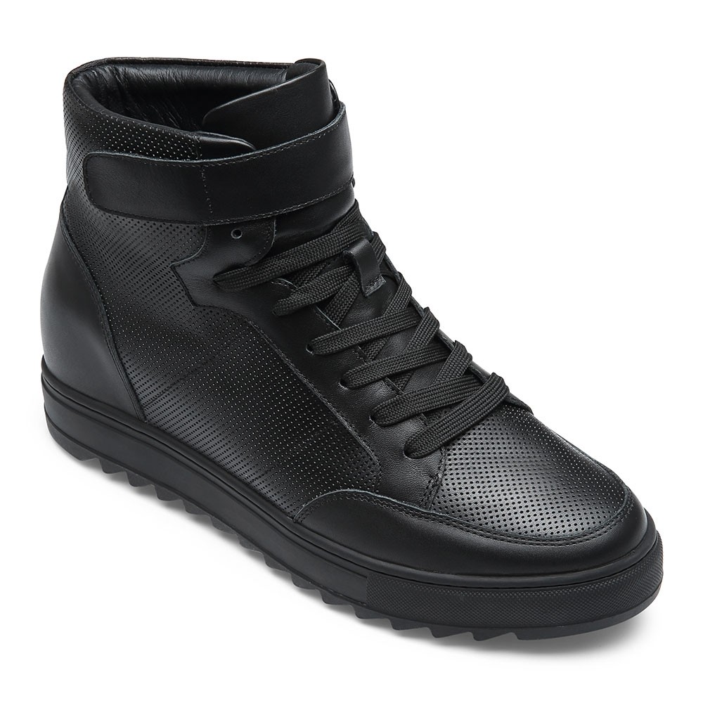 STRIDE Height Increasing Sneakers - Men Leather High Top Sneakers - Black - 7 CM / 2.76 Inches Taller