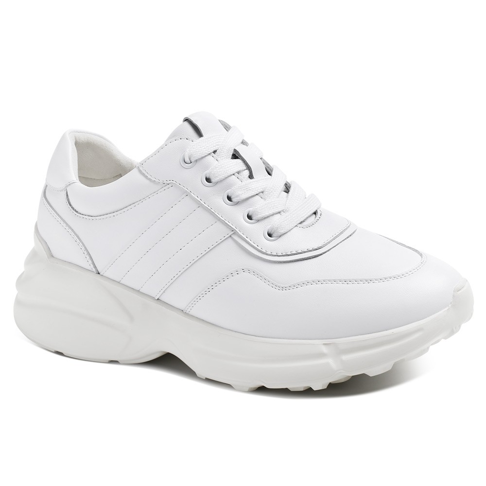 STRIDE Elevator Sneakers For Women - Casual Height Increasing Shoes - White Cowhide Leather Women Sneakers 6cm/ 2.36 Inches