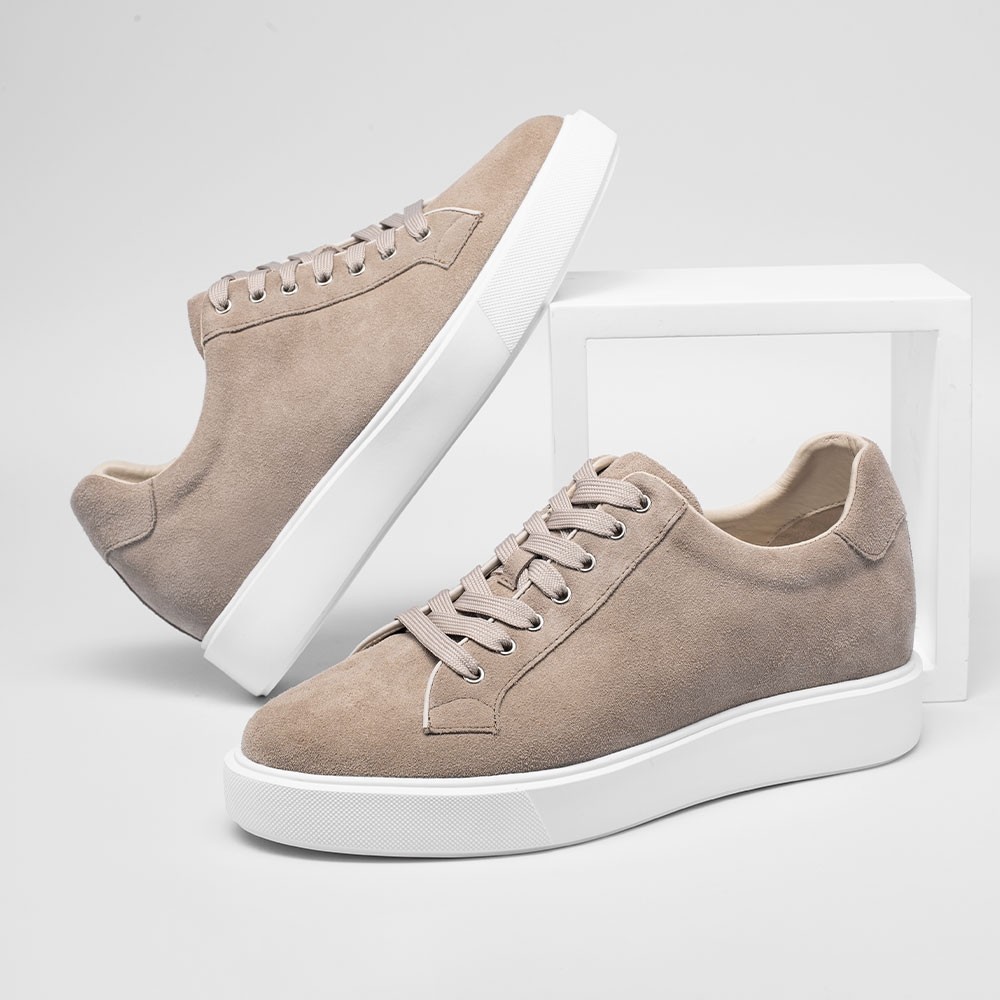 STRIDE Elevator Shoes Suede Leather Apricot Sneakers That Add Height 6 CM / 2.36 Inches (37)