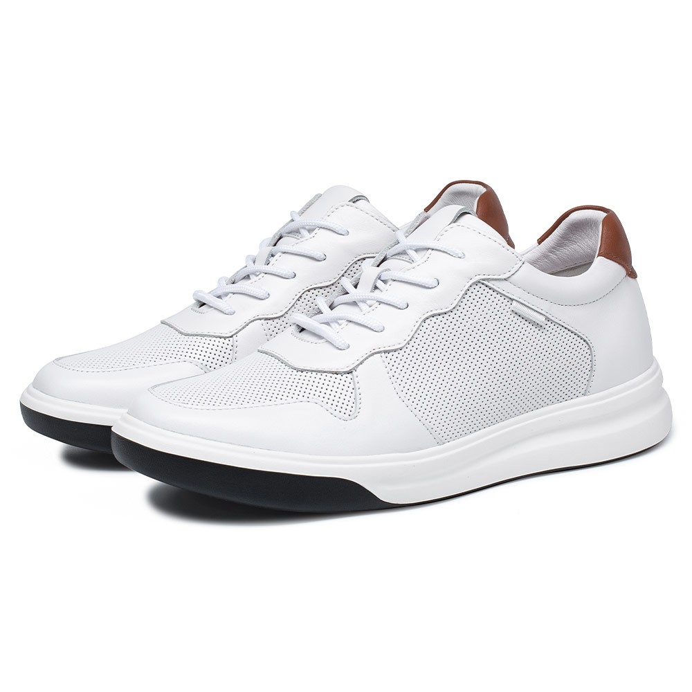 STRIDE Men Elevator Sneaker Shoes - White Leather Height Incrasing Sneakers 6cm / 2.36 Inches Taller (37)
