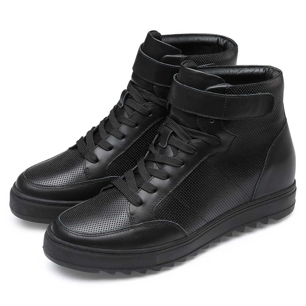 STRIDE Height Increasing Sneakers - Men Leather High Top Sneakers - Black - 7 CM / 2.76 Inches Taller (37)
