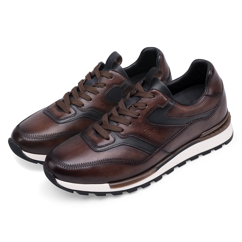 STRIDE Height Increasing Shoes - Brown Leather Casual Elevator Sneakers - 7CM/2.76 Inches Taller (37)