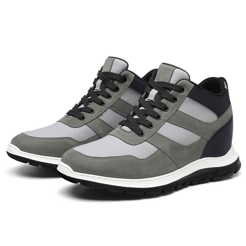 STRIDE Elevator Shoes For Men - Height Increasing Sneakers - Gray Nubuck High Top Sneakers 9cm / 3.54 Inches (37)