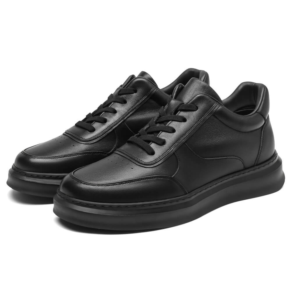 STRIDE Taller Sneakers - Mens Elevator Shoes - Black Leather Casual Sneakers 6cm / 2.36 Inches (37)