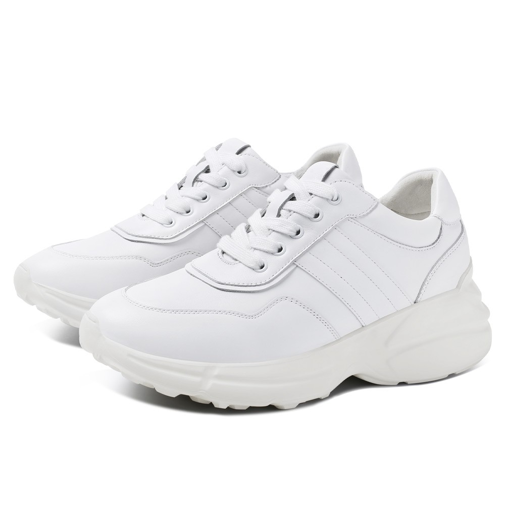 STRIDE Elevator Sneakers For Women - Casual Height Increasing Shoes - White Cowhide Leather Women Sneakers 6cm/ 2.36 Inches (34)