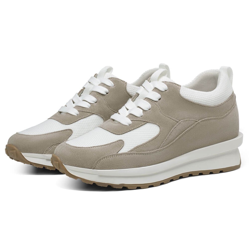 STRIDE Elevator Sneakers For Women - Height Increasing Shoes For Ladies - Khaki Wedge Sneakers 7cm / 2.76 Inches (34)