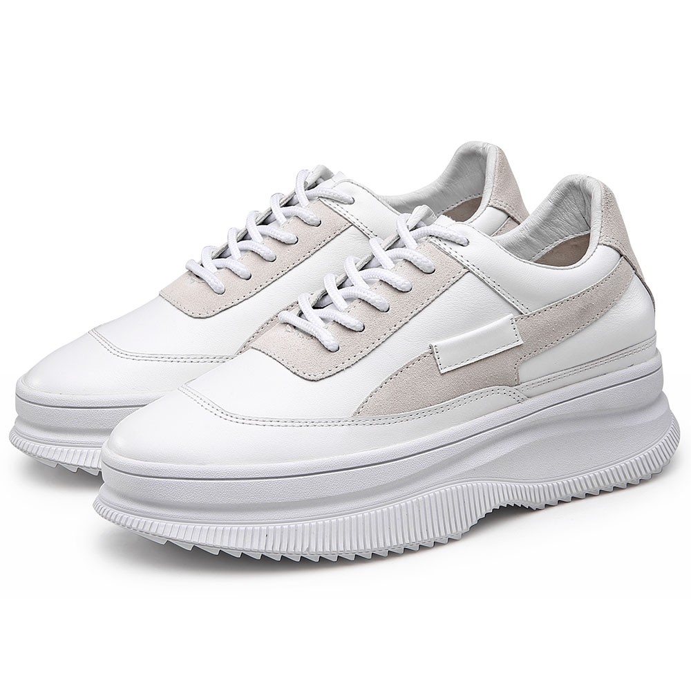 STRIDE Women Hidden Leather Wedge Sneakers 9CM / 3.54 Inches Taller-White (34)