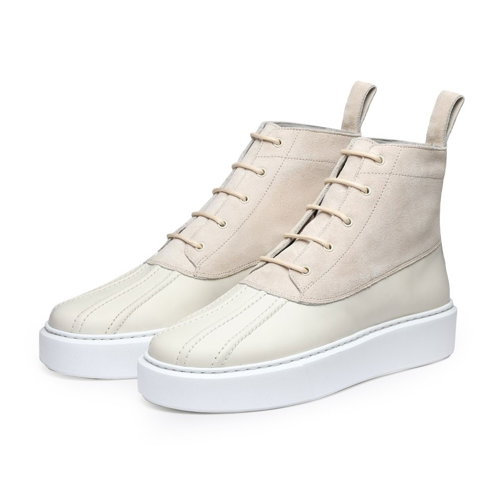 STRIDE - Women High Top Wedge Beige Suede Chunky Sneaker Boots -7CM / 2.76 Inches Taller-Black (34)