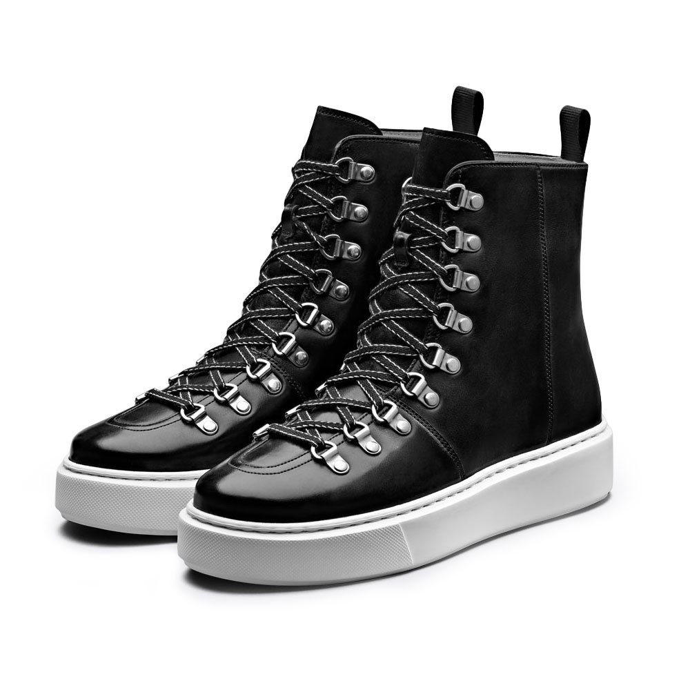 STRIDE - Women High Top Leather Wedge Sneakers -7CM / 2.76 Inches Taller-Black (34)
